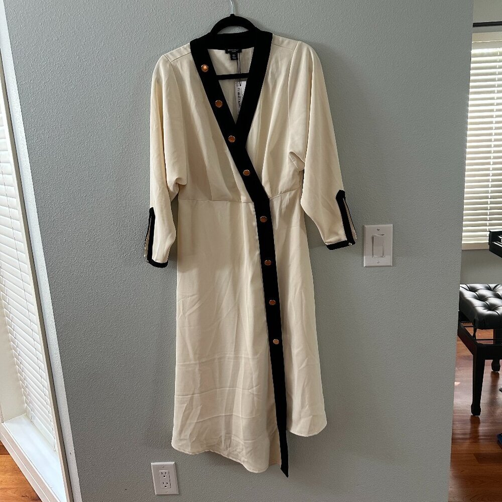 NWT Karen Millen Petite Twill Asymmetric Wrap Midi Dress 8 Cream Black